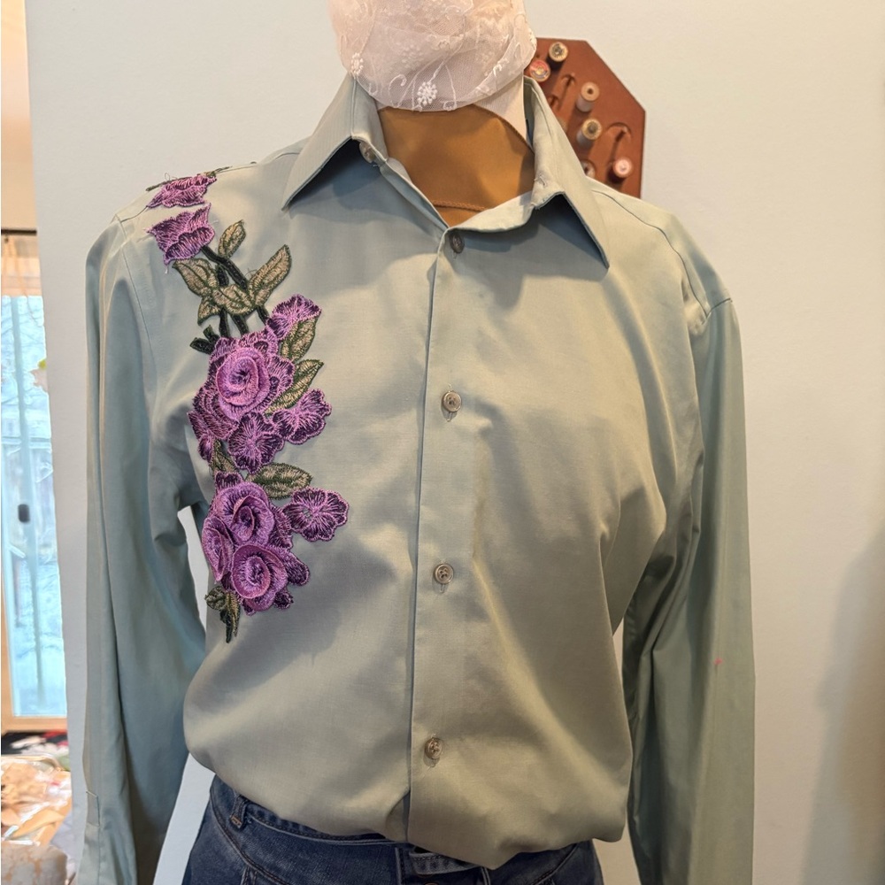 Women’s Green Shirt with Purple Floral Embroidery
